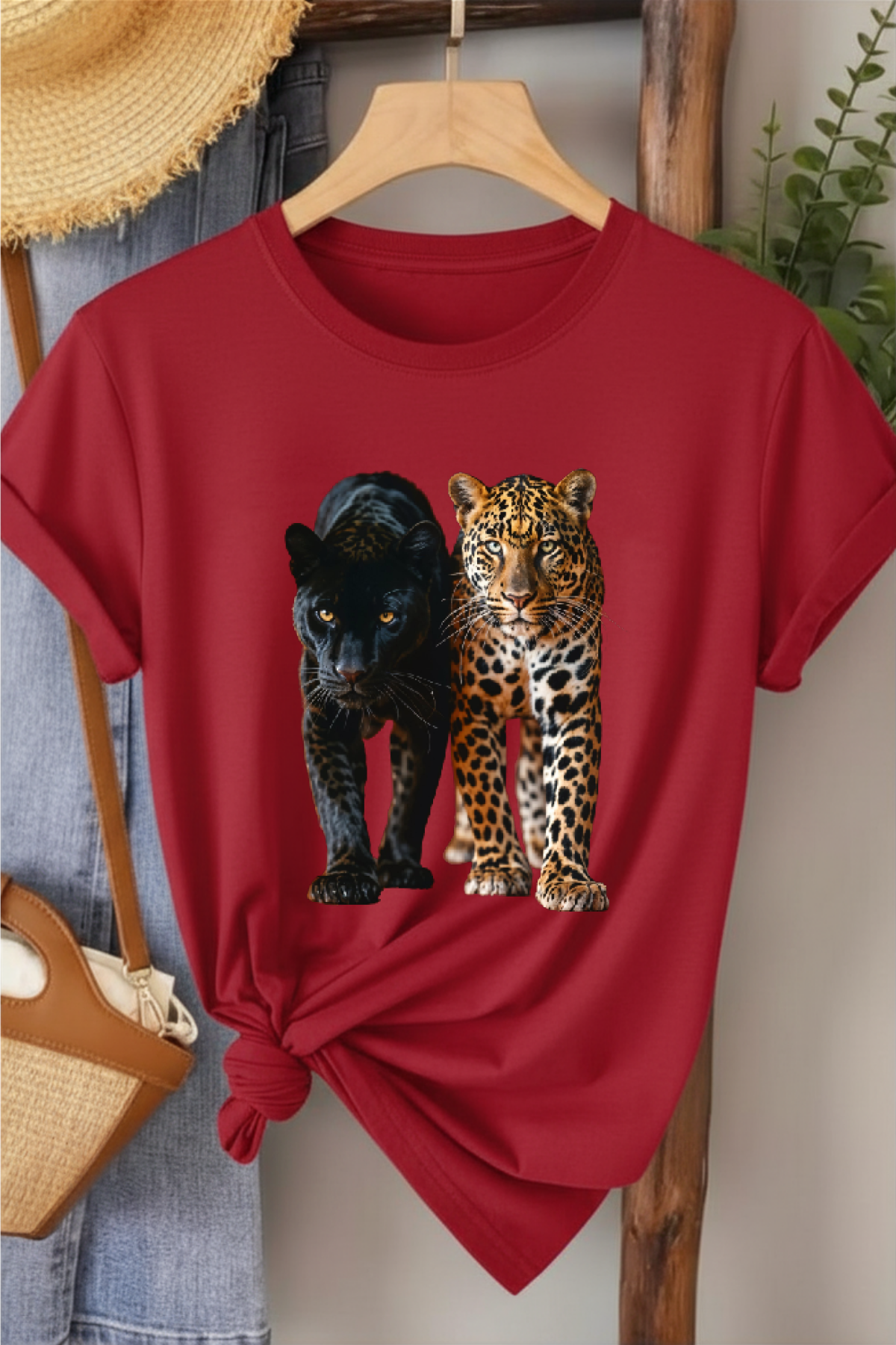 İkili Leopar - Kırmızı Baskılı Pamuk T-shirt