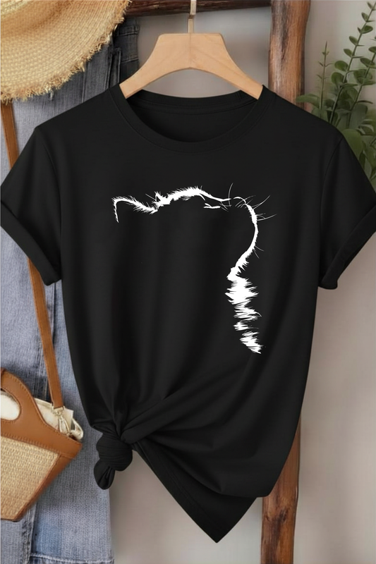 Kedi Profil - Siyah Baskılı Pamuk T-shirt
