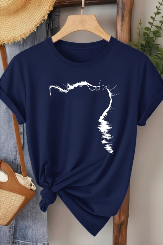 Kedi Profil - Lacivert Baskılı Pamuk T-shirt
