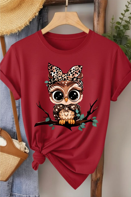 Leopar Kurdeleli Baykuş - Kırmızı Baskılı Pamuk T-shirt
