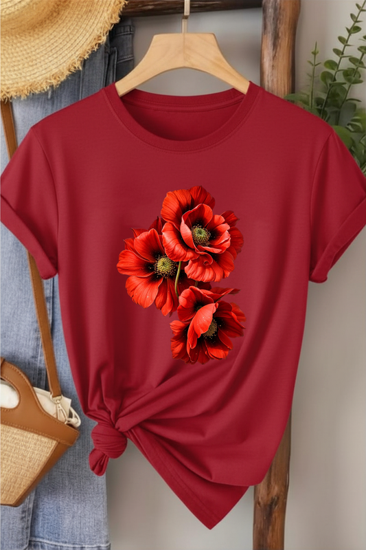 Üçlü Gelincik - Kırmızı Baskılı Pamuk T-shirt