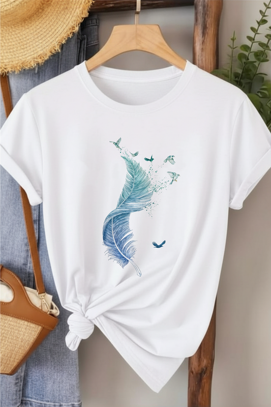 Kuş Tüyü - Beyaz Baskılı Pamuk T-shirt