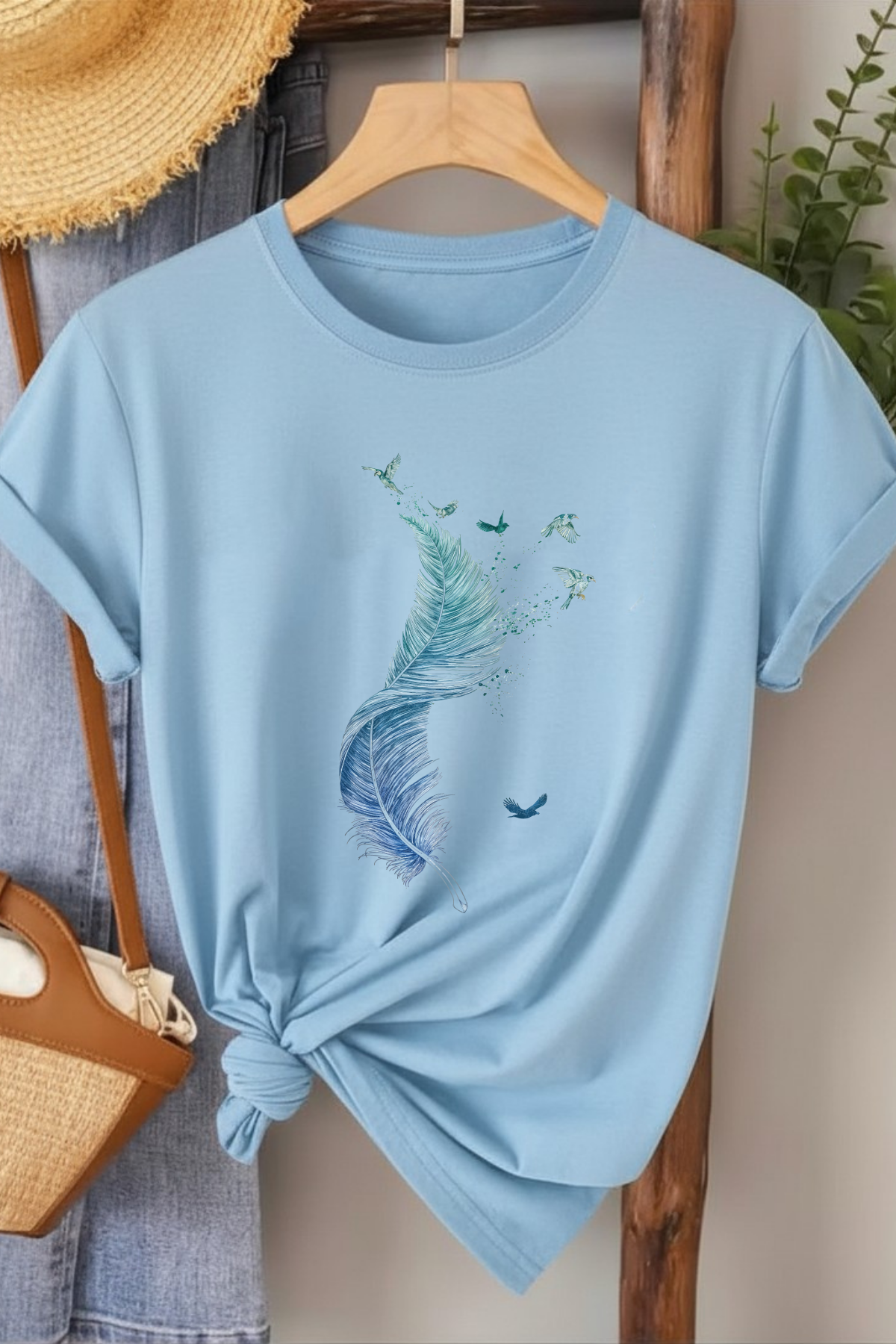 Kuş Tüyü - Mavi Baskılı Pamuk T-shirt