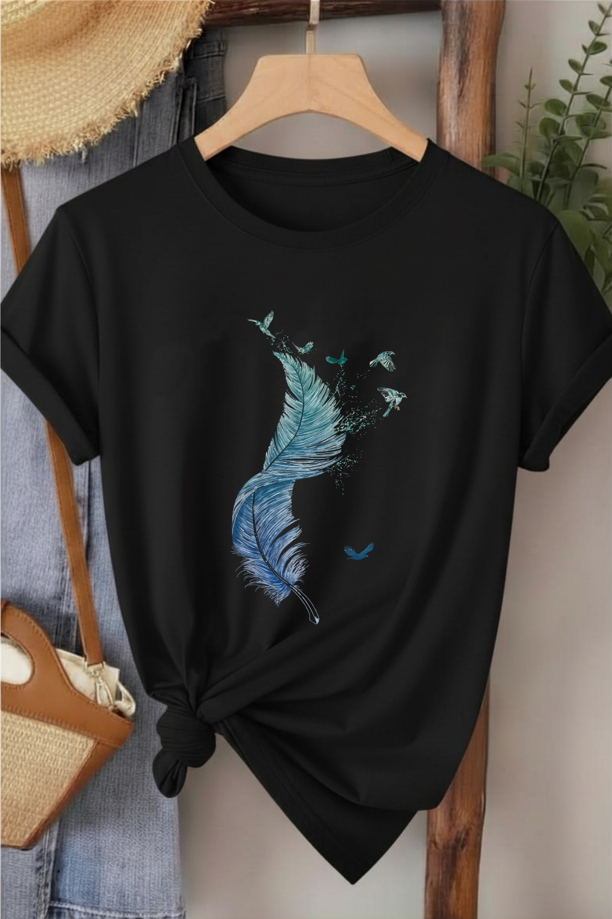 Kuş Tüyü - Siyah Baskılı Pamuk T-shirt