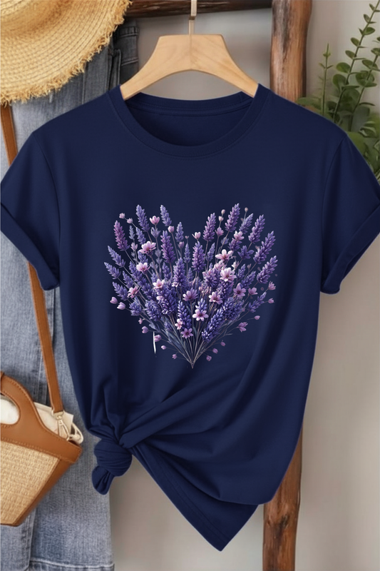 Lavanta Kalp Demeti - Lacivert Baskılı Pamuk T-shirt