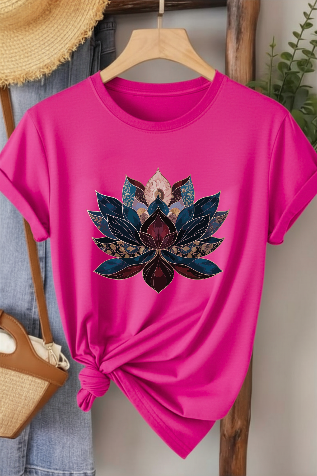 Lotus - Fuşya Baskılı Pamuk T-shirt
