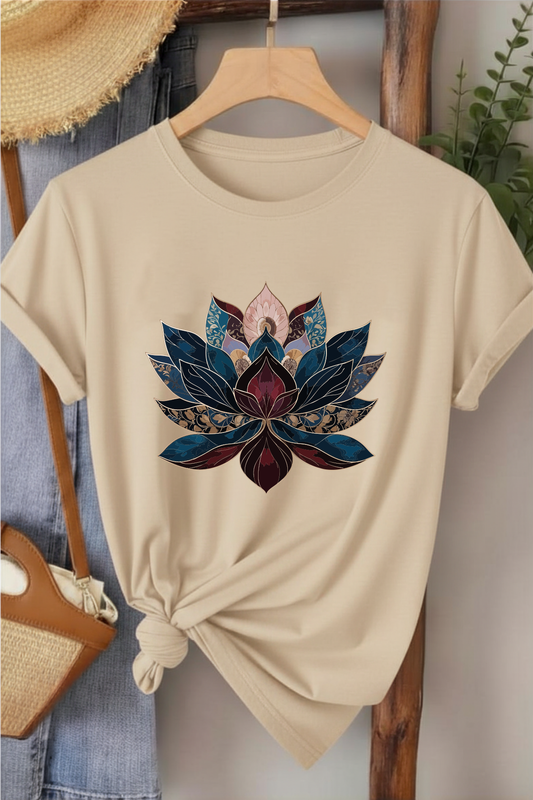 Lotus - Bej Baskılı Pamuk T-shirt