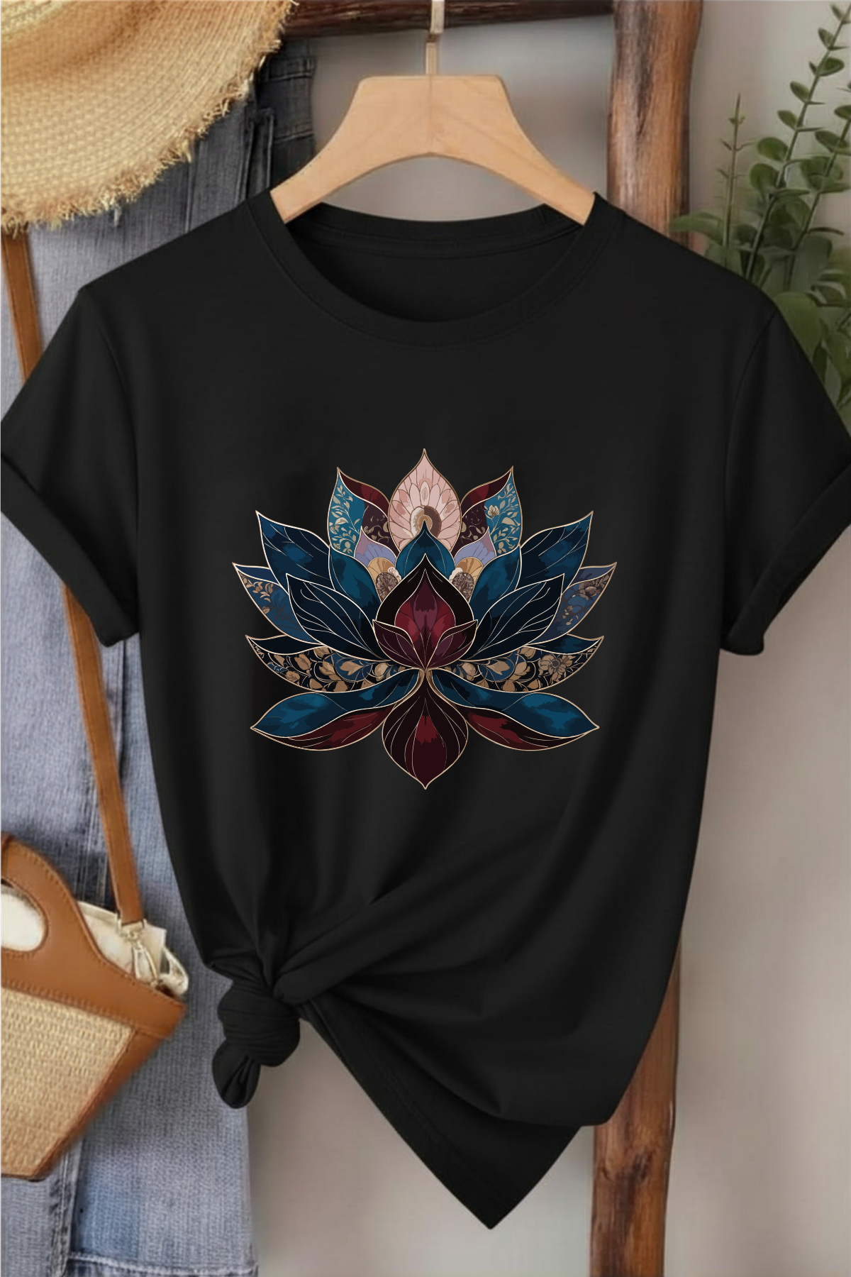 Lotus - Siyah Baskılı Pamuk T-shirt