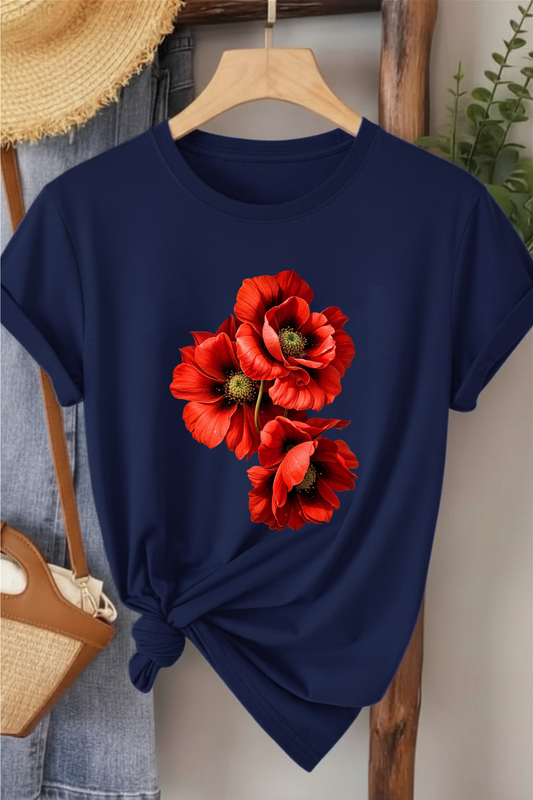 Üçlü Gelincik - Lacivert Baskılı Pamuk T-shirt