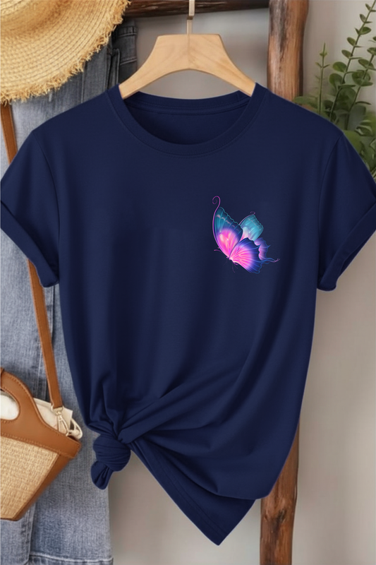 Renkli Kelebek - Lacivert Baskılı Pamuk T-shirt