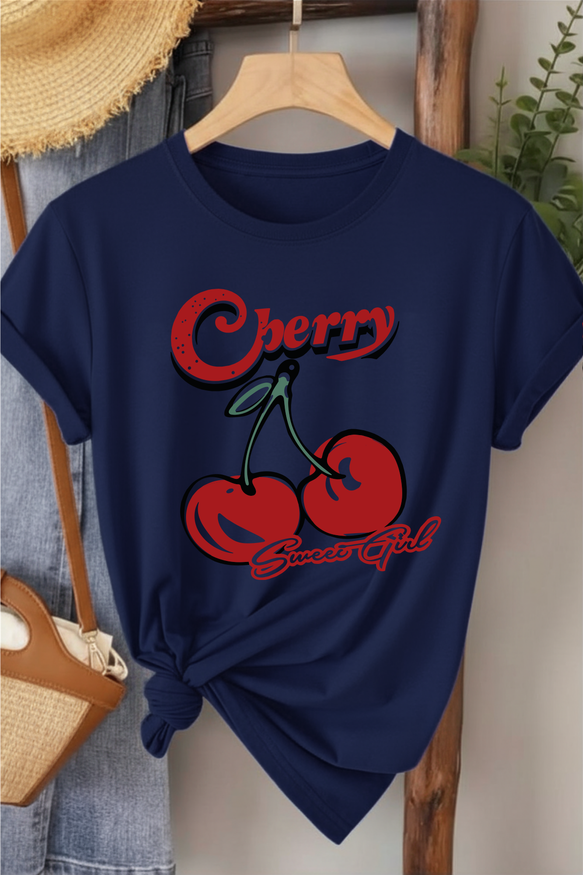 Cherry Sweat Girl - Lacivert Baskılı Pamuk T-shirt