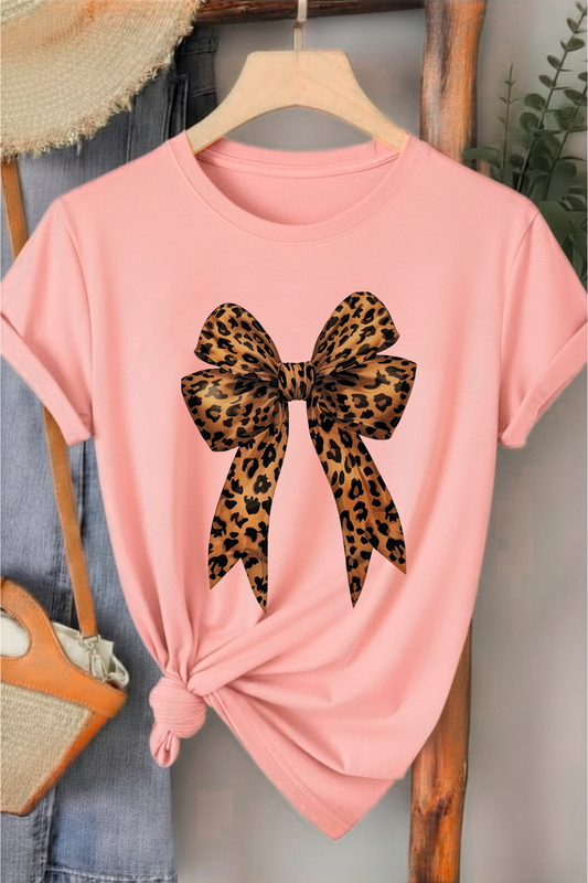 Leopar Kurdele - Pembe Baskılı Pamuk T-shirt