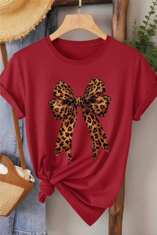 Leopar Kurdele - Kırmızı Baskılı Pamuk T-shirt