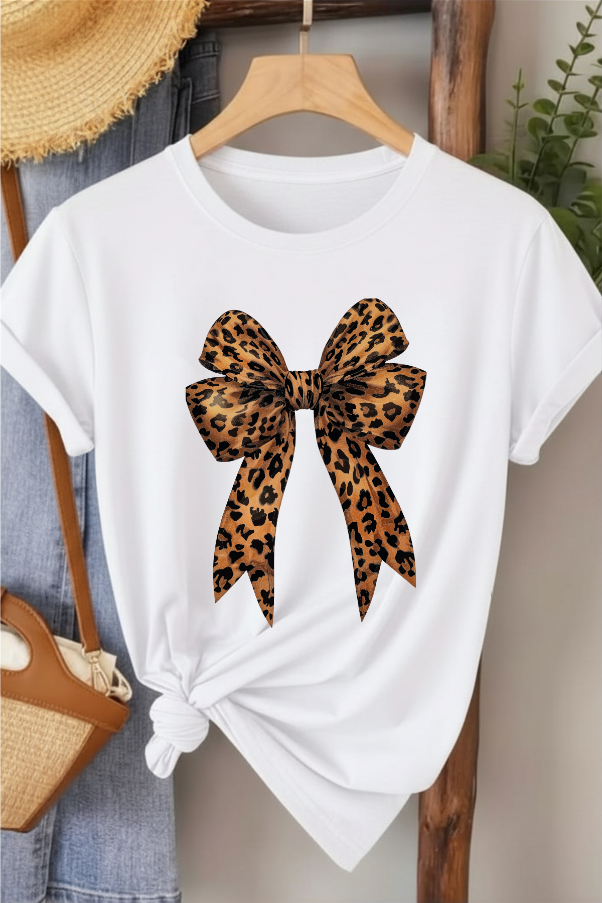 Leopar Kurdele - Beyaz Baskılı Pamuk T-shirt