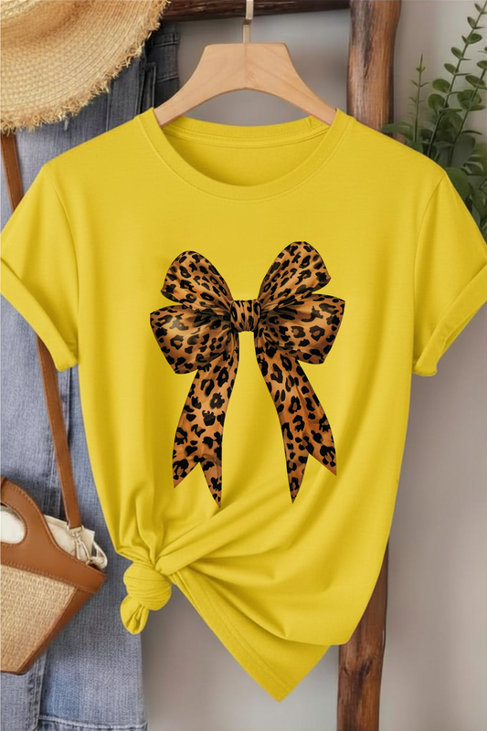 Leopar Kurdele - Sarı Baskılı Pamuk T-shirt