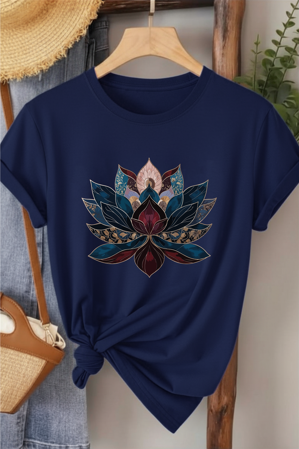 Lotus - Lacivert Baskılı Pamuk T-shirt
