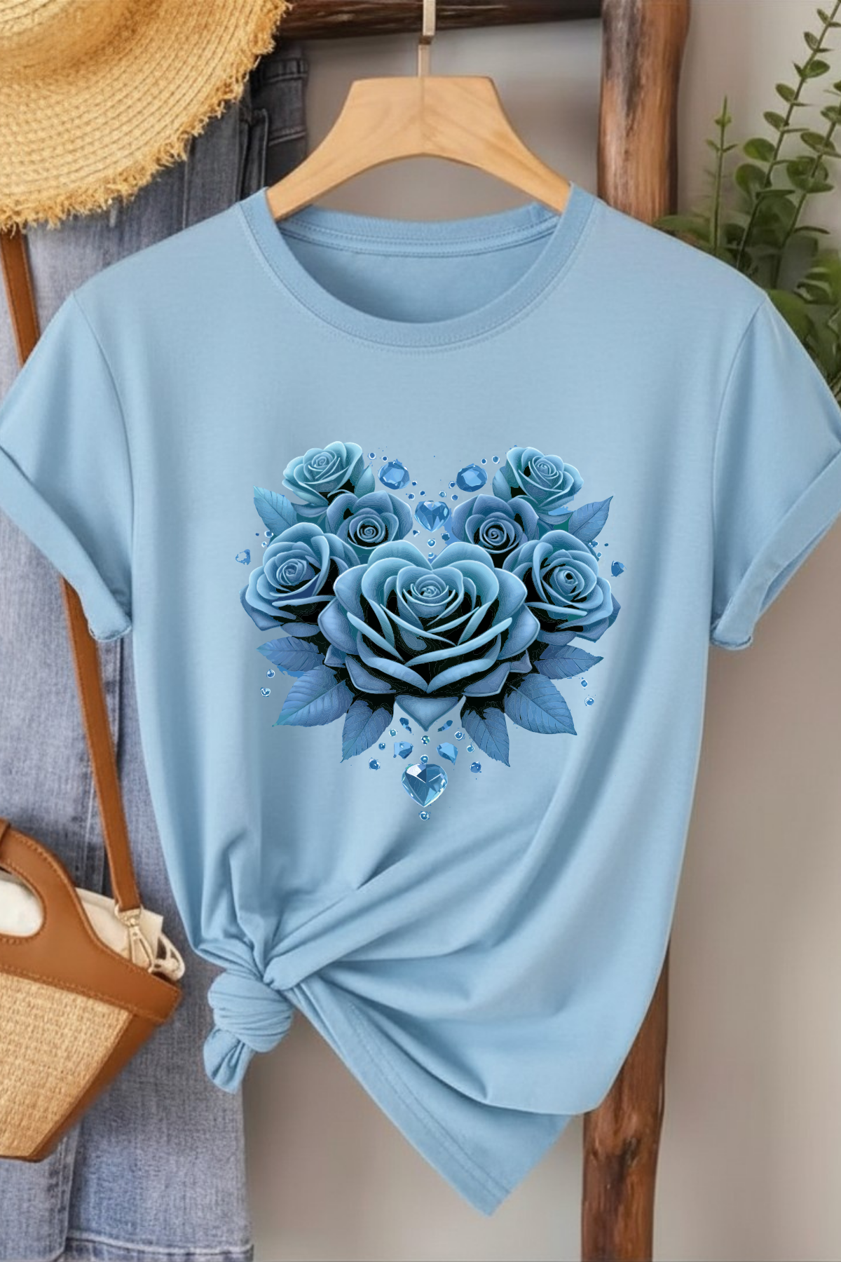 Gül Ana Renk Uyumlu - Mavi Baskılı Pamuk T-shirt