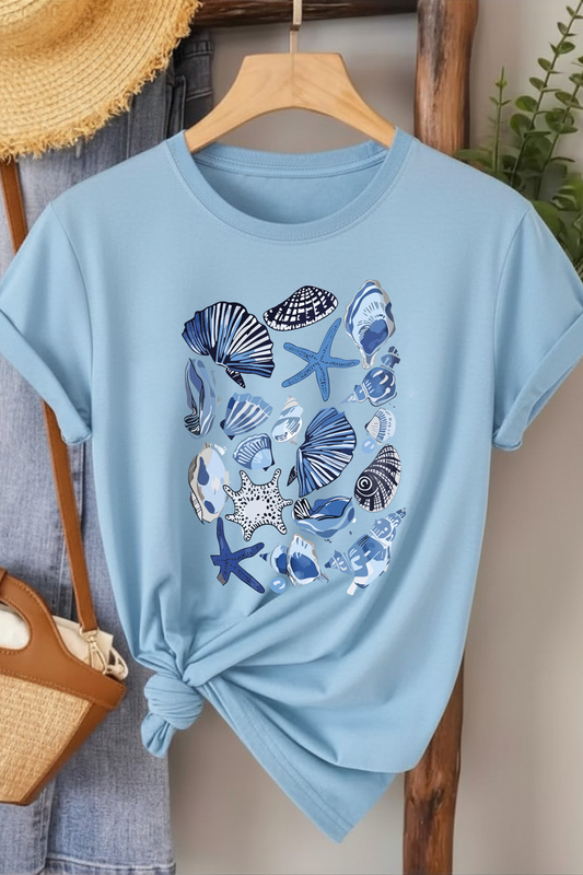 Deniz Kabukları - Bebe Mavisi Baskılı Pamuk T-shirt