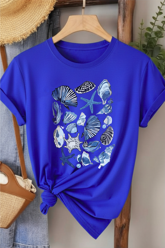 Deniz Kabukları - Saks Mavisi Baskılı Pamuk T-shirt