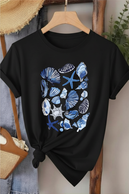 Deniz Kabukları - Siyah Baskılı Pamuk T-shirt