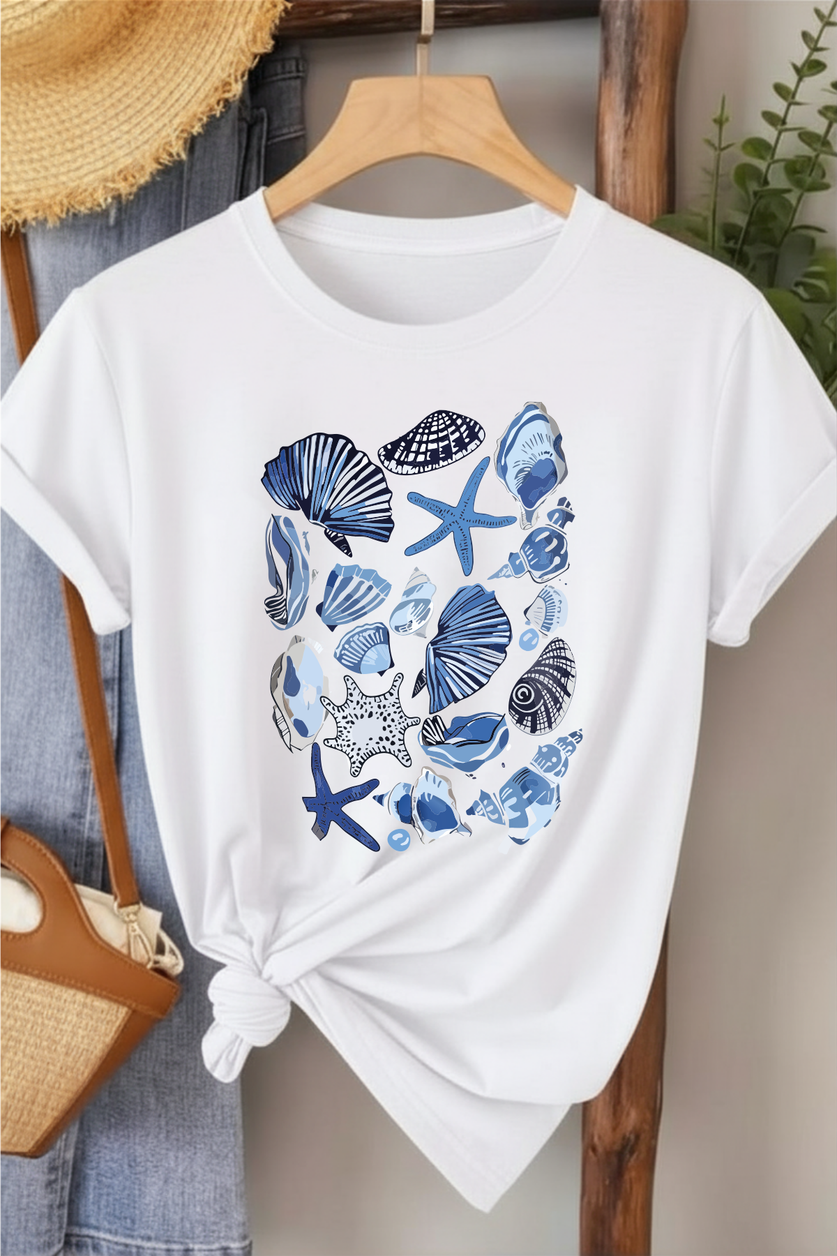 Deniz Kabukları - Beyaz Baskılı Pamuk T-shirt