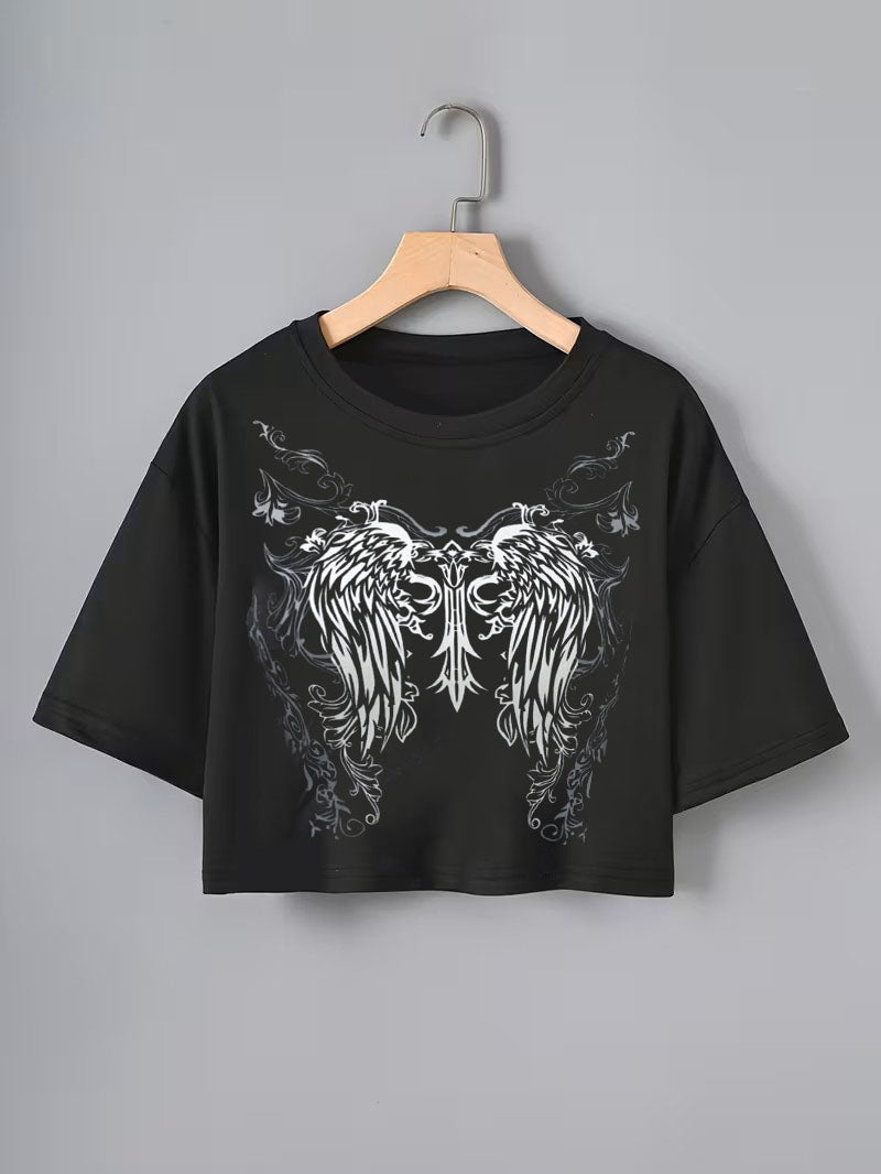 Kanat & Kılıç Tasarım Pamuk Siyah Crop T-shirt