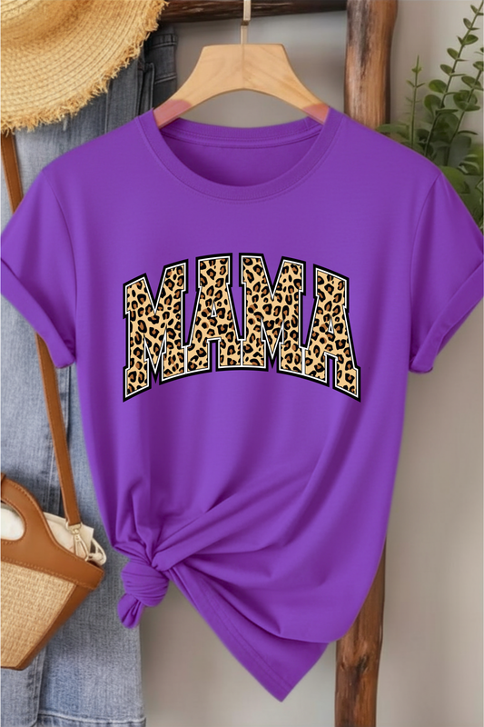 Leopar Mama - Mor Baskılı Pamuk T-shirt