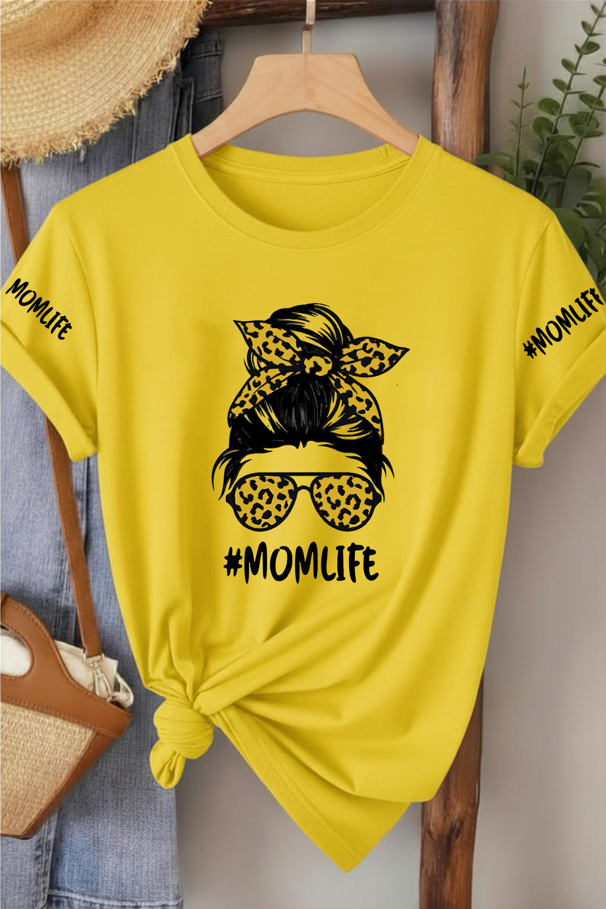 Momlife Leopar Desen - Sarı Baskılı Pamuk T-shirt