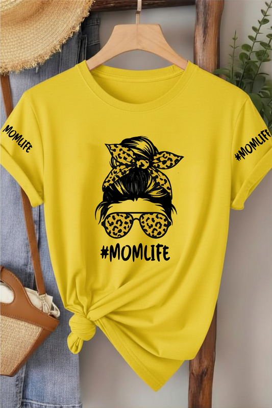 Momlife Leopar Desen - Sarı Baskılı Pamuk T-shirt