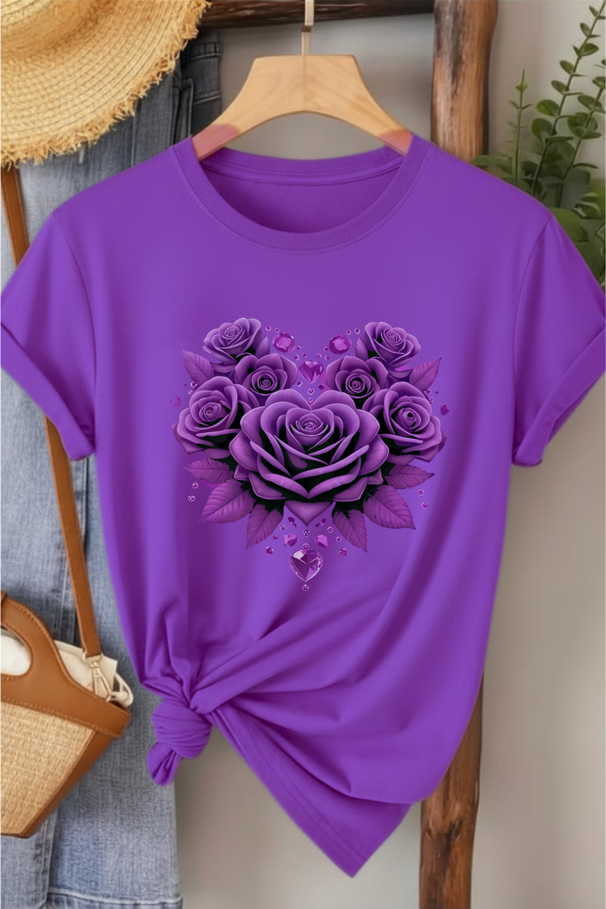 Gül Ana Renk Uyumlu - Mor Baskılı Pamuk T-shirt