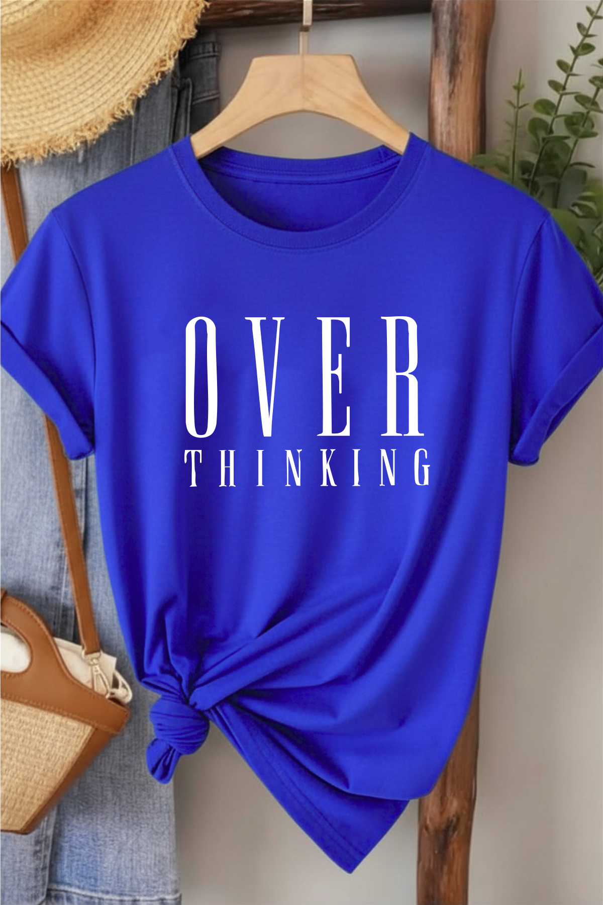 Over Thinking - Saks Mavisi Baskılı Pamuk T-shirt
