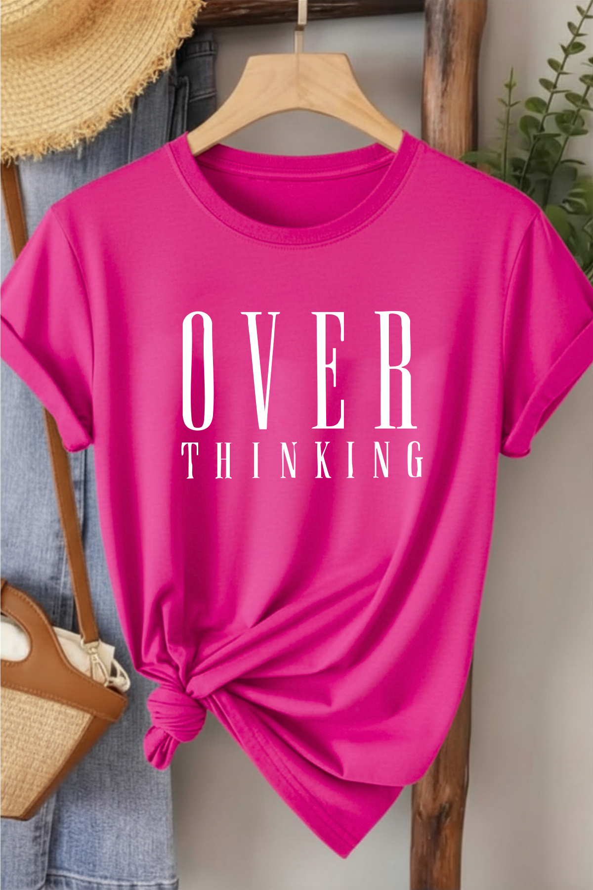 Over Thinking - Fuşya Baskılı Pamuk T-shirt