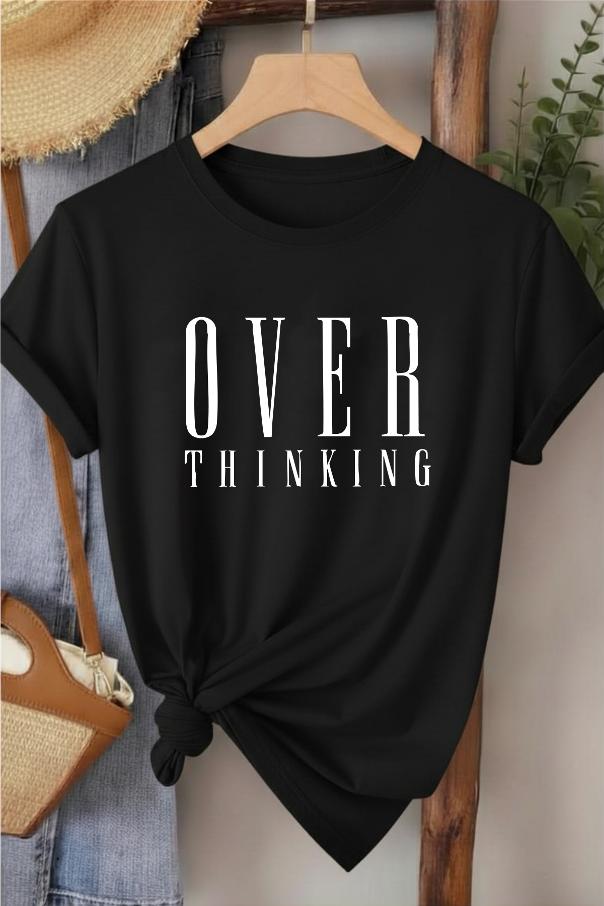 Over Thinking - Siyah Baskılı Pamuk T-shirt