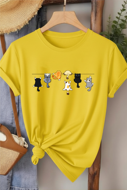 Tırmanan Kediler - Sarı Baskılı Pamuk T-shirt