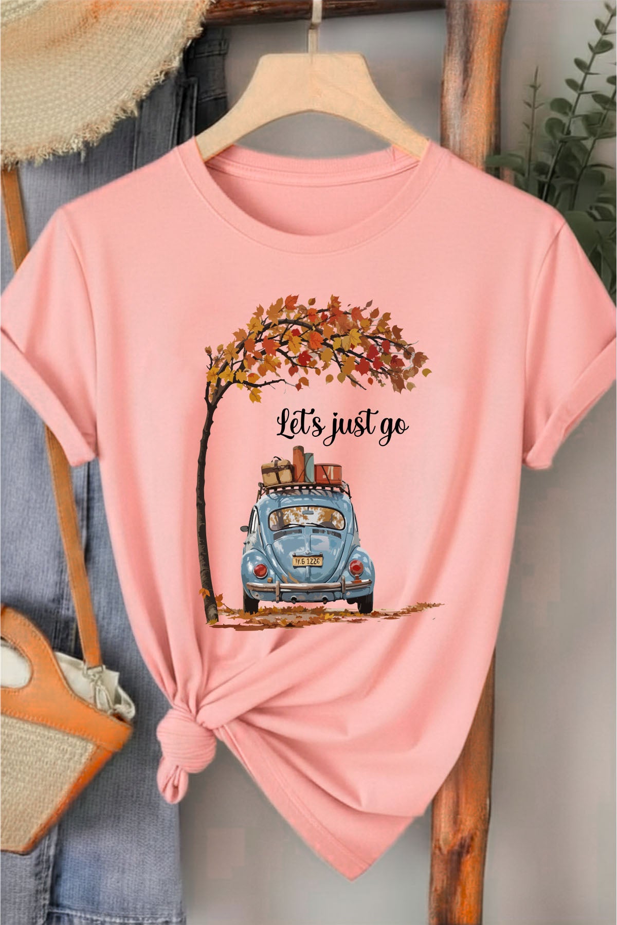 Let's Just Go - Pembe Baskılı Pamuk T-shirt