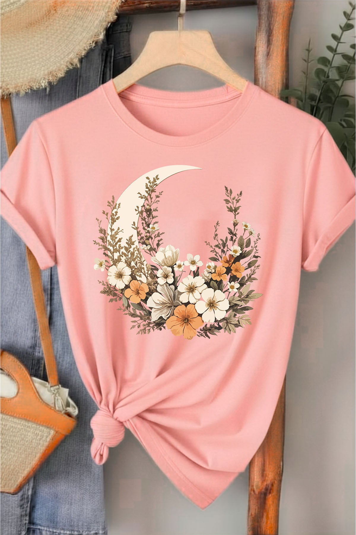 Ay & Çiçek - Pembe Baskılı Pamuk T-shirt