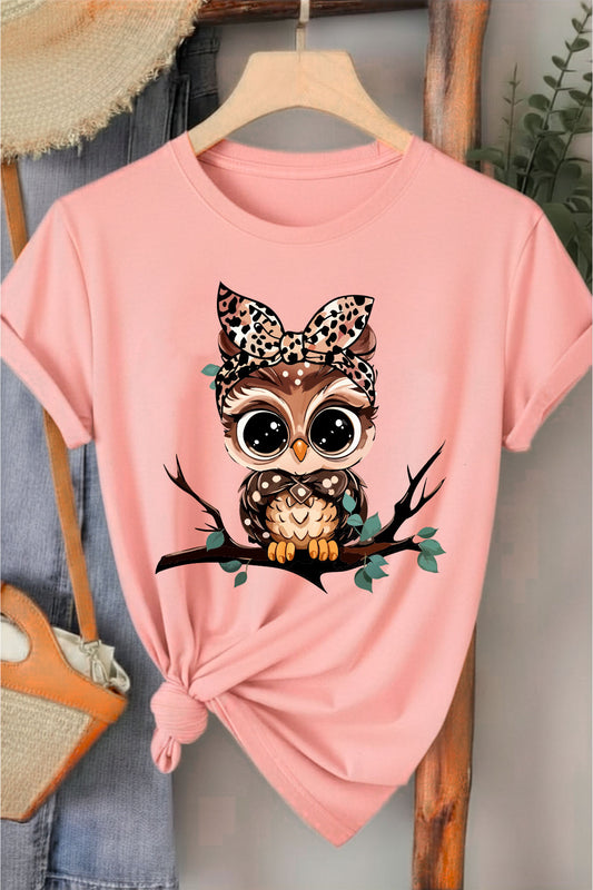 Leopar Kurdeleli Baykuş - Pembe Baskılı Pamuk T-shirt