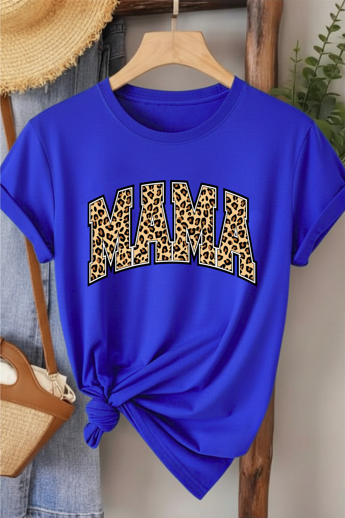 Leopar Mama - Saks Mavisi Baskılı Pamuk T-shirt