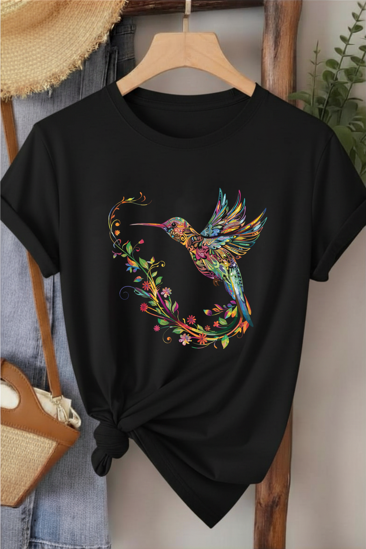 Sinek Kuşu  - Siyah Baskılı Pamuk T-shirt