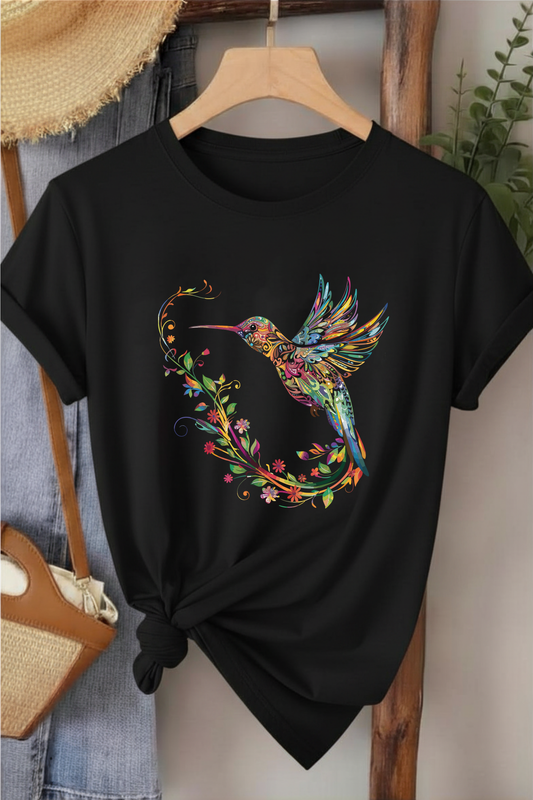 Sinek Kuşu  - Siyah Baskılı Pamuk T-shirt