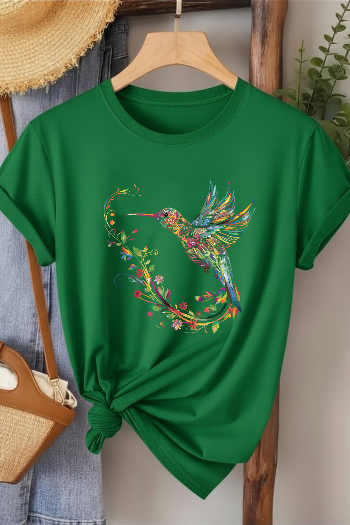 Sinek Kuşu  - Yeşil Baskılı Pamuk T-shirt