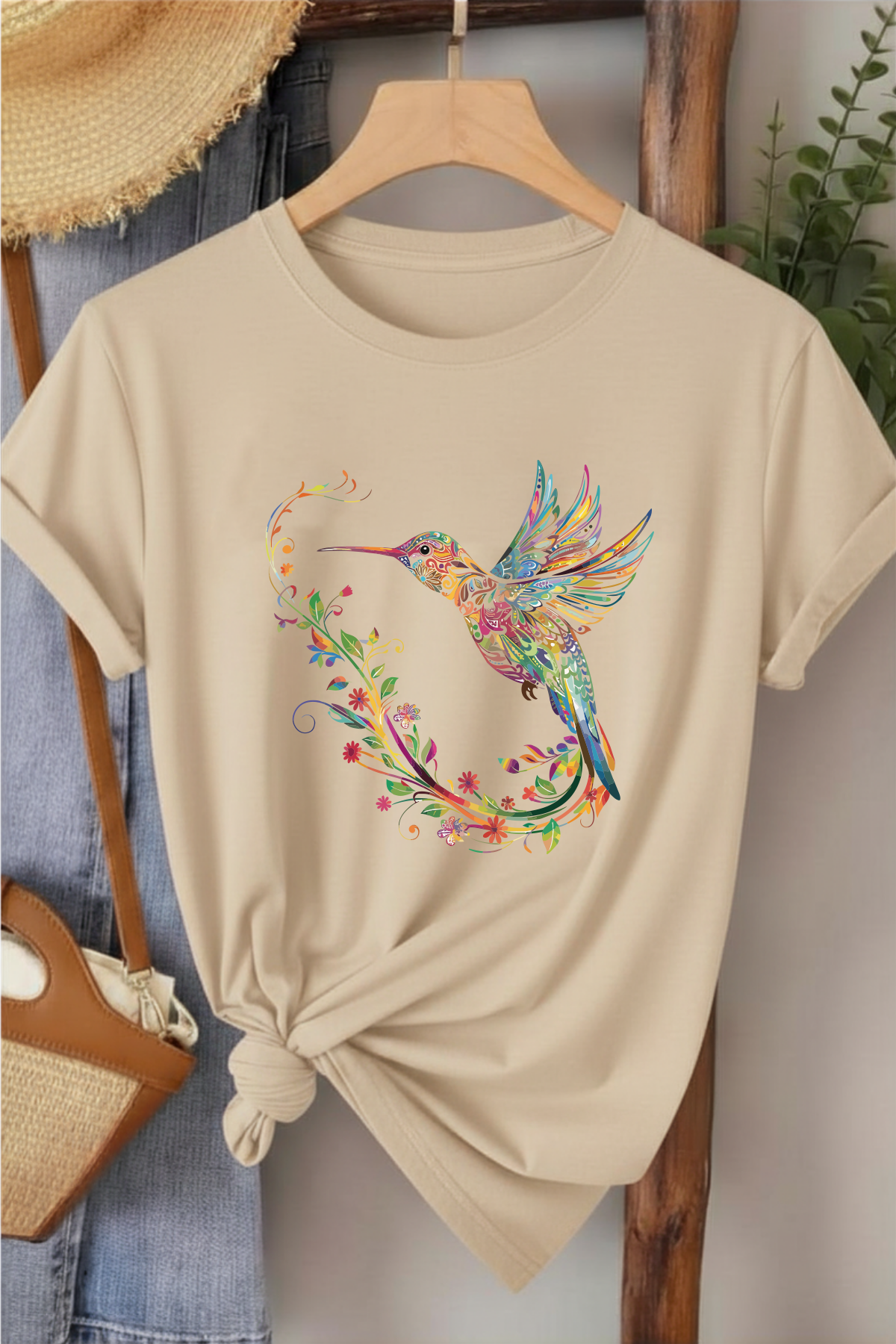 Sinek Kuşu  - Bej Baskılı Pamuk T-shirt