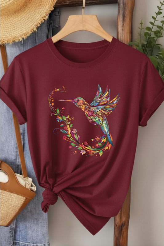 Sinek Kuşu  - Bordo Baskılı Pamuk T-shirt