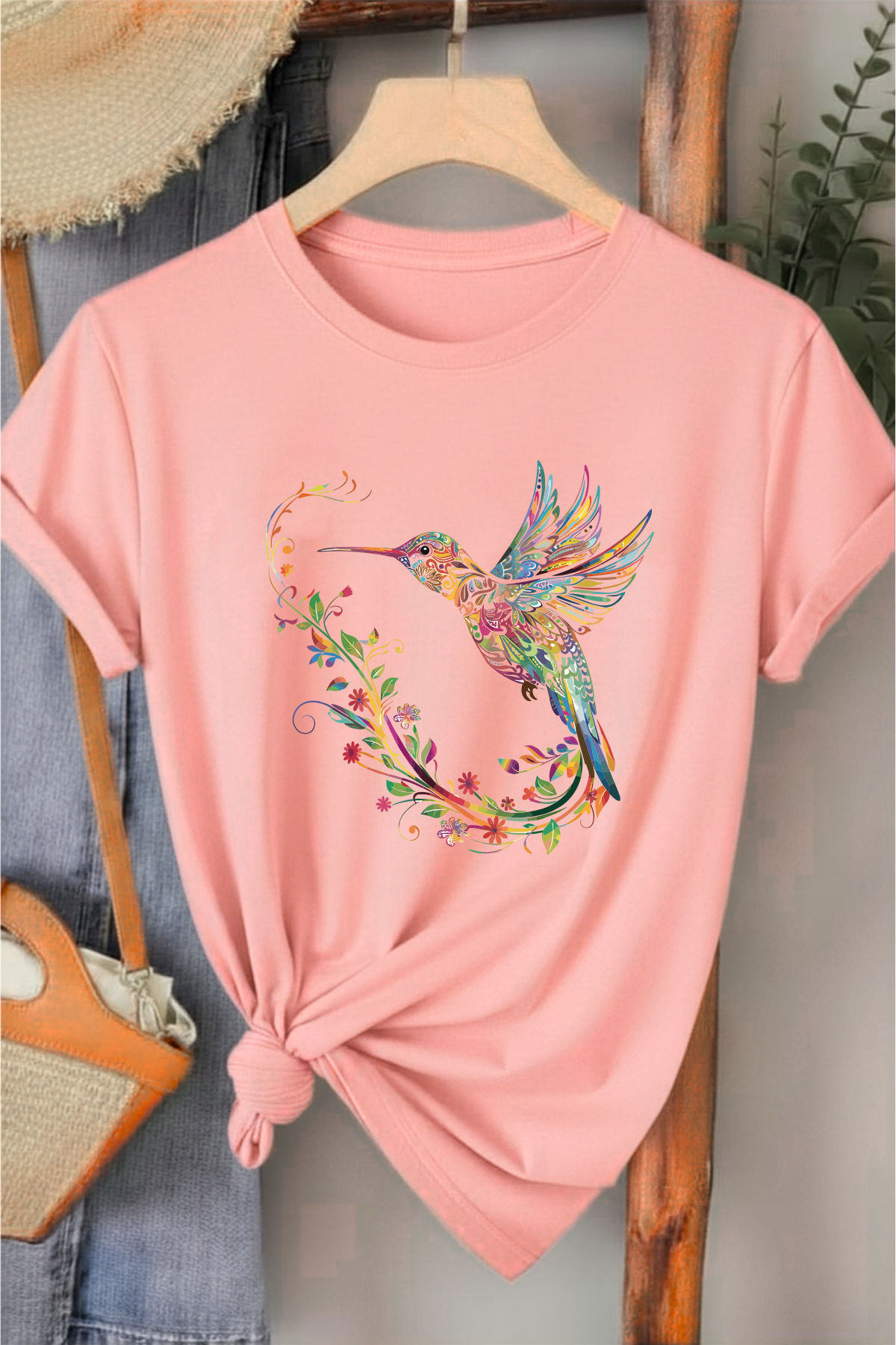 Sinek Kuşu  - Pembe Baskılı Pamuk T-shirt