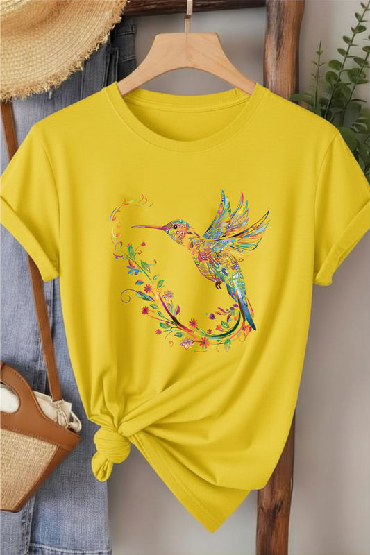 Sinek Kuşu  - Sarı Baskılı Pamuk T-shirt