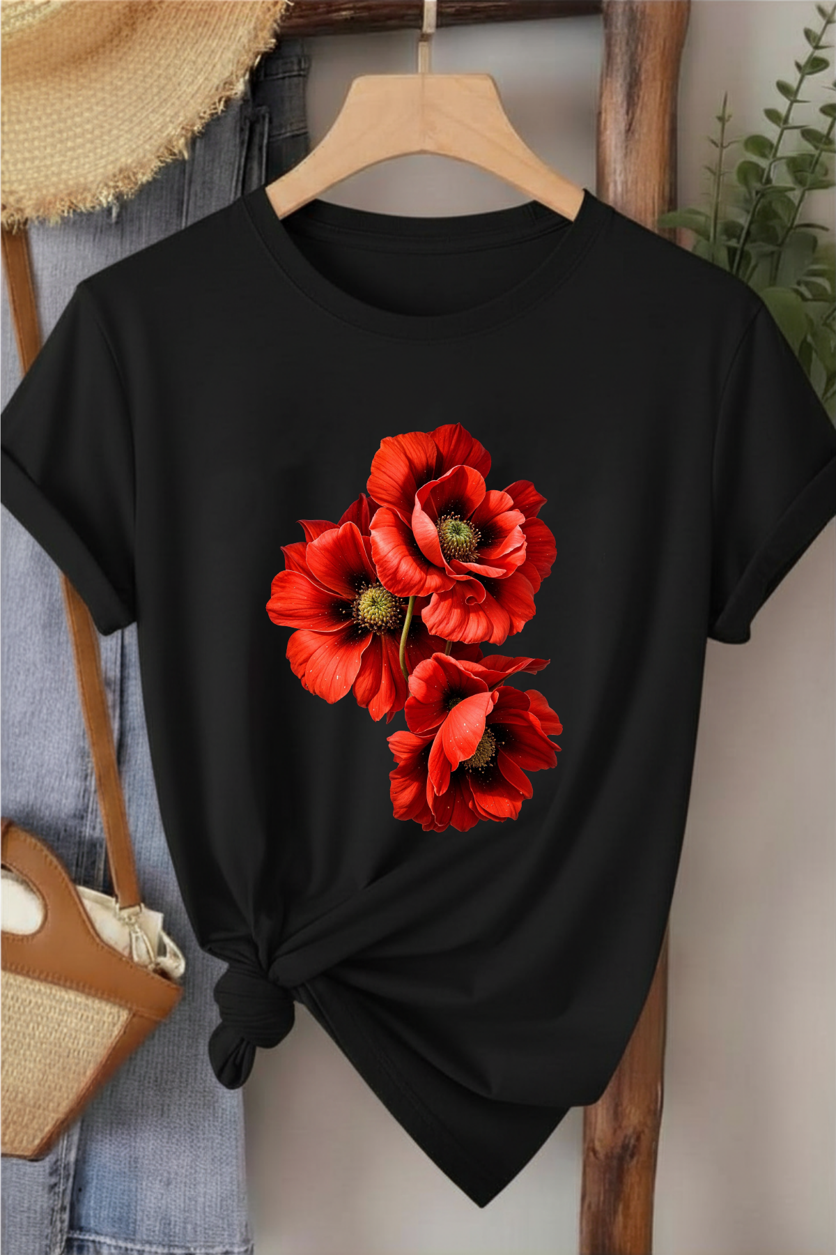 Üçlü Gelincik - Siyah Baskılı Pamuk T-shirt