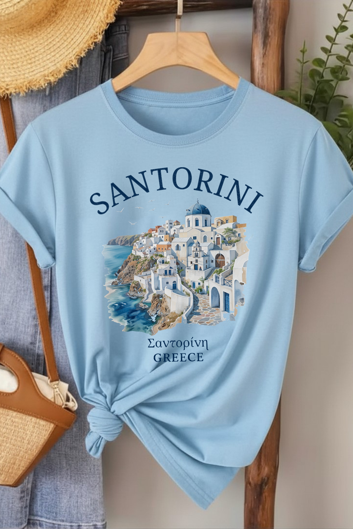 Santorini - Bebe Mavisi Baskılı Pamuk T-shirt