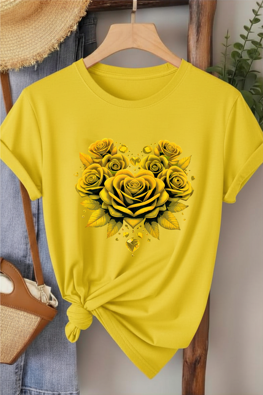 Gül Ana Renk Uyumlu - Sarı Baskılı Pamuk T-shirt