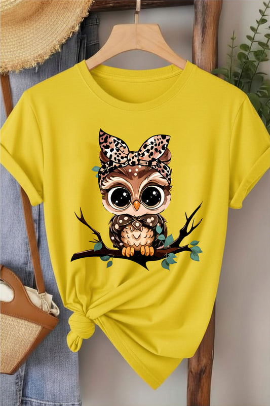 Leopar Kurdeleli Baykuş - Sarı Baskılı Pamuk T-shirt