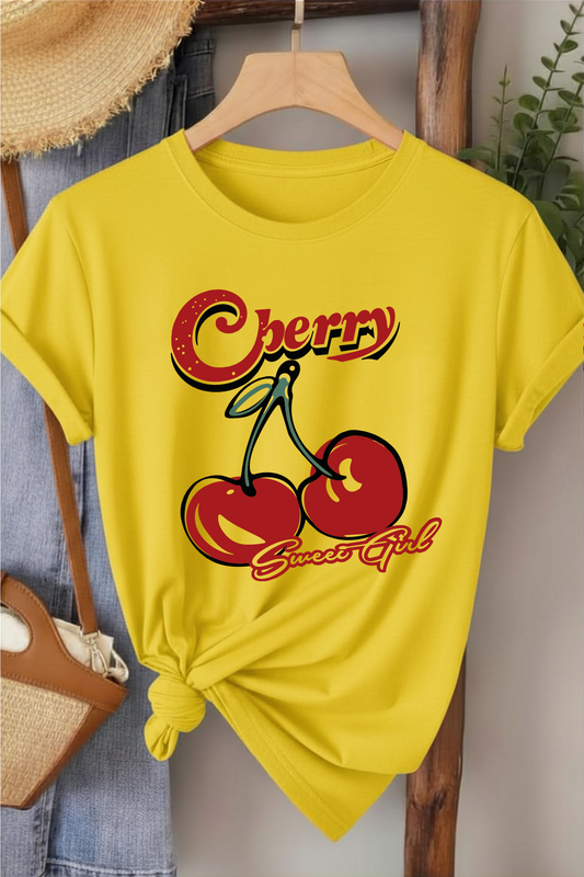 Cherry Sweat Girl - Sarı Baskılı Pamuk T-shirt